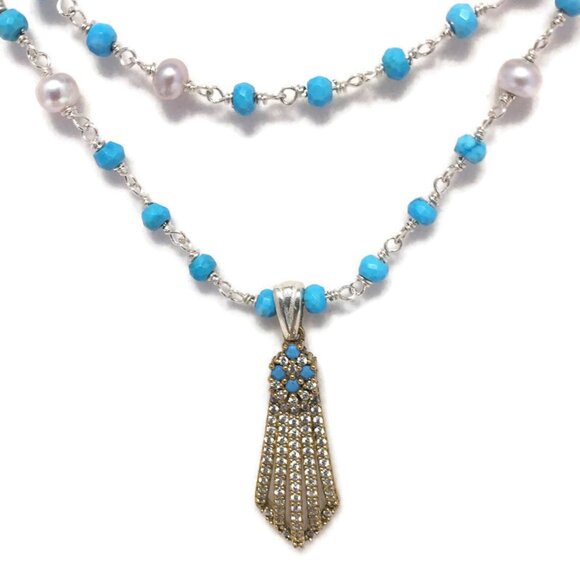 Two Strands Turquoise, And Silver Pearl Necklace With Pendant - Picture 2 of 2